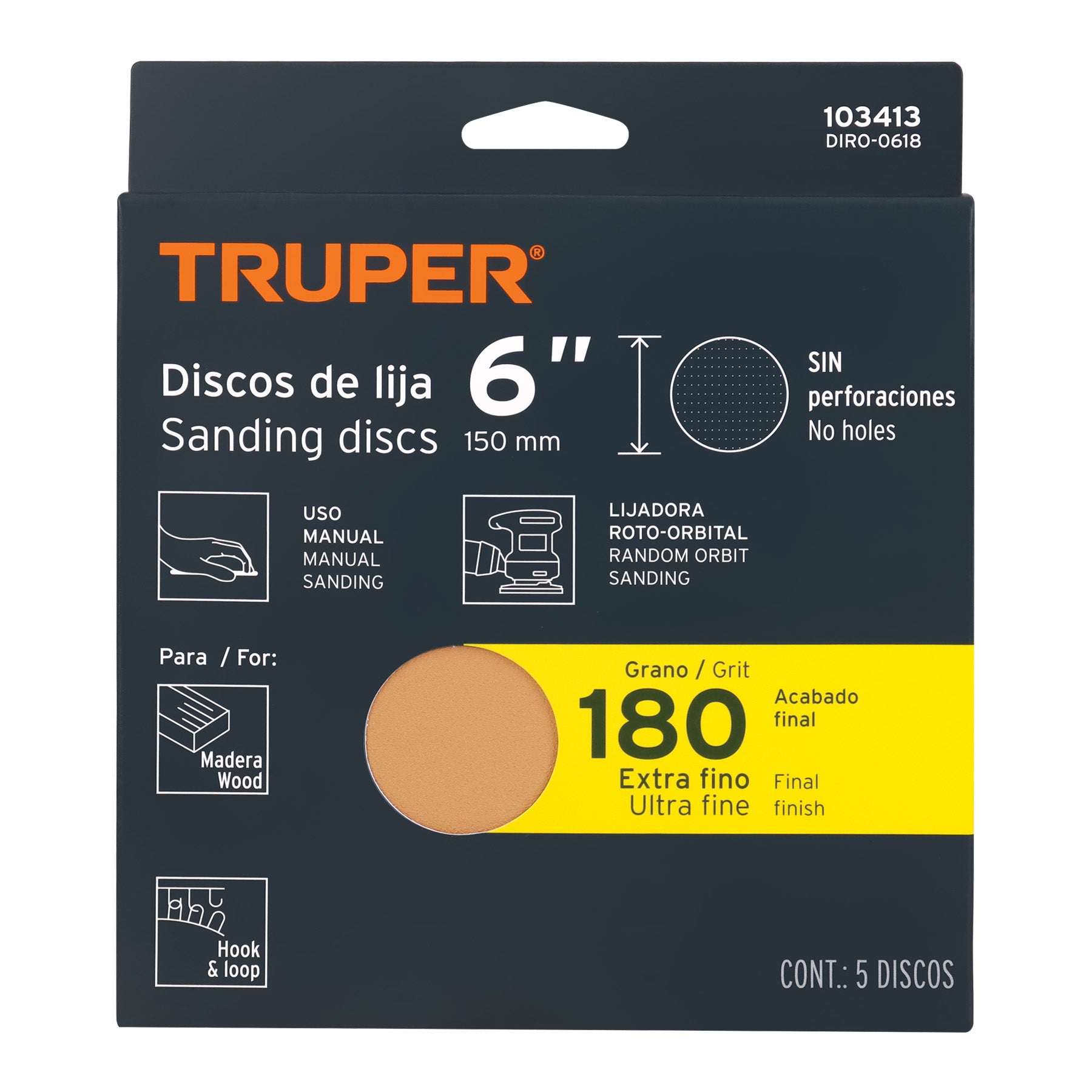 Caja 5 discos de lija p/madera 6' grano 180, velcro, s/perf.