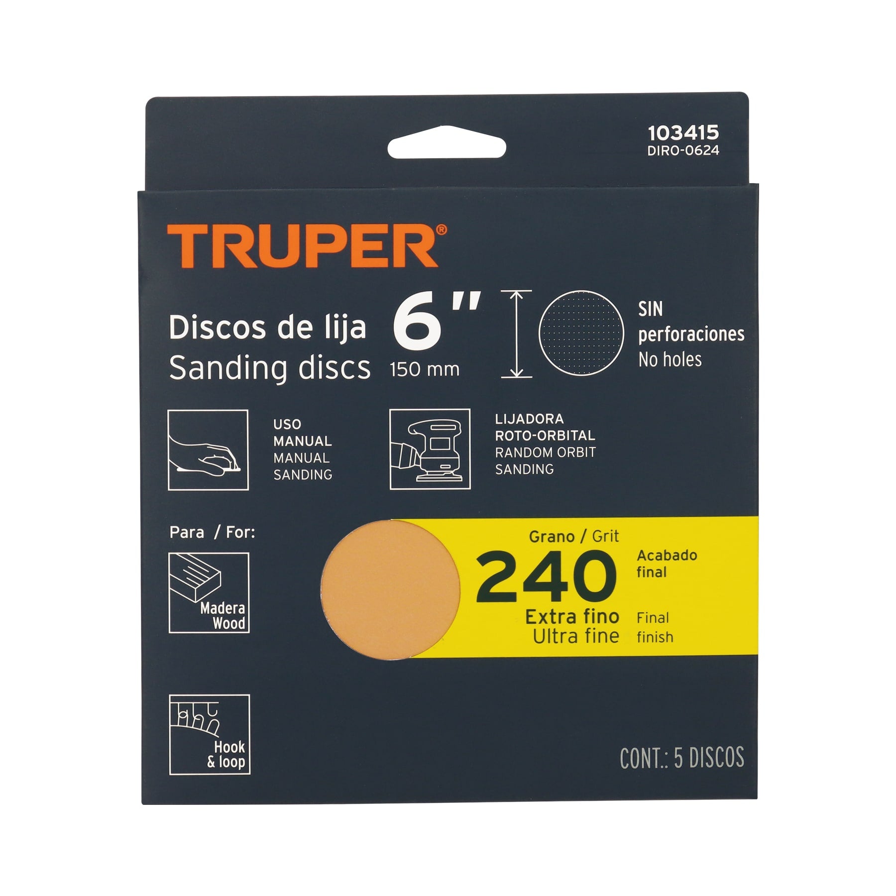 Caja 5 discos de lija p/madera 6' grano 240, velcro, s/perf.