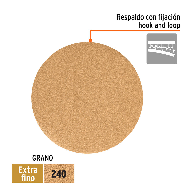Caja 5 discos de lija p/madera 6' grano 240, velcro, s/perf.