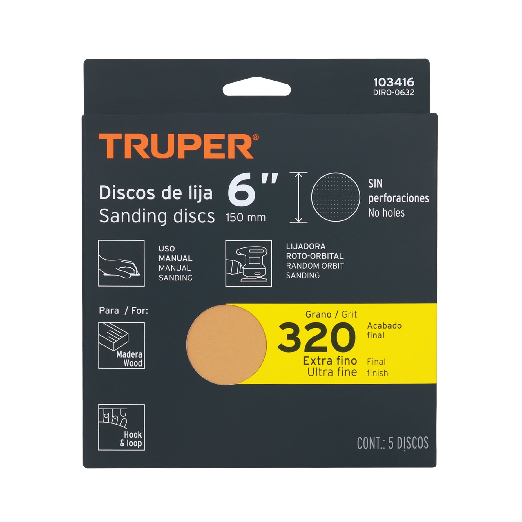 Caja 5 discos de lija p/madera 6' grano 320, velcro, s/perf.