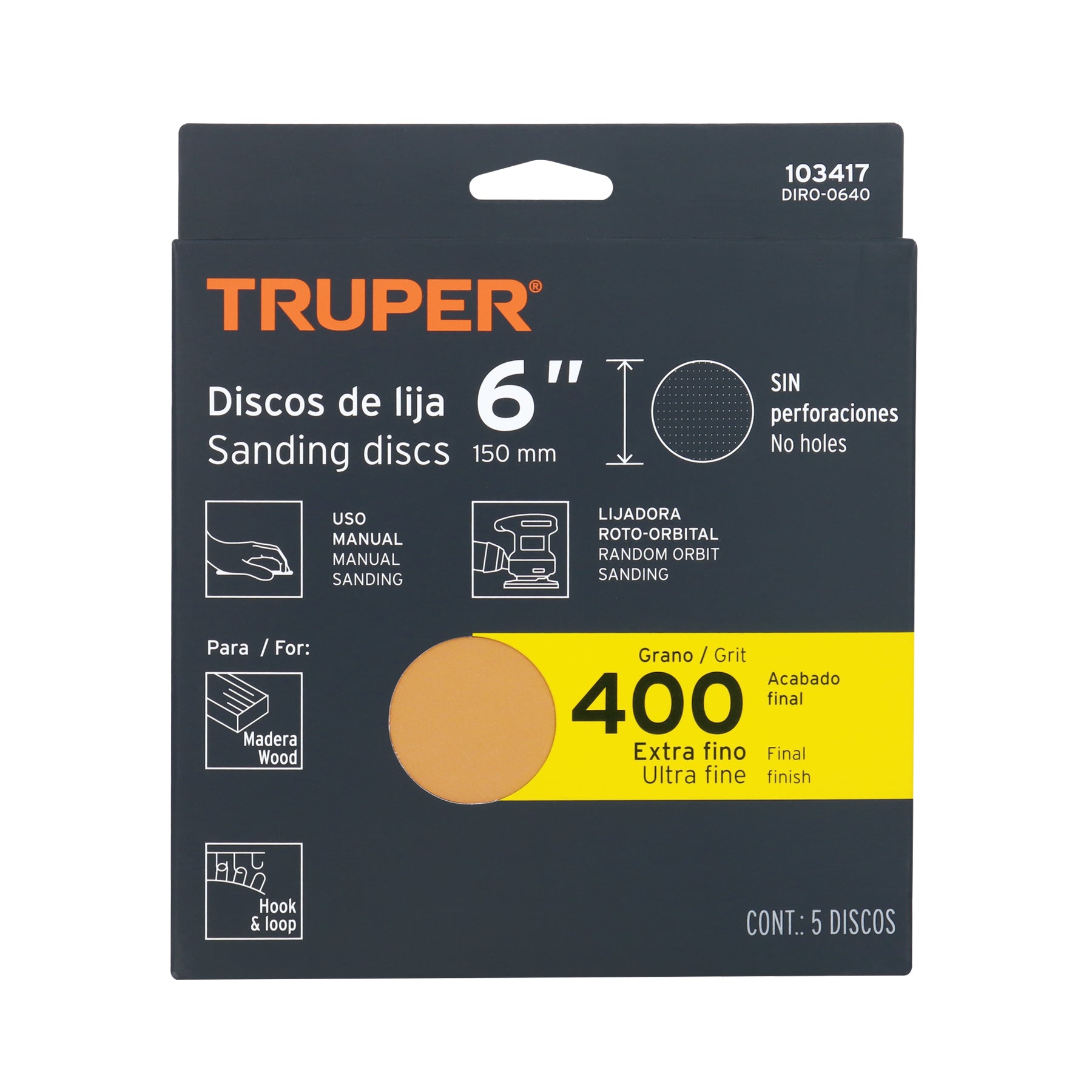 Caja 5 discos de lija p/madera 6' grano 400, velcro, s/perf.
