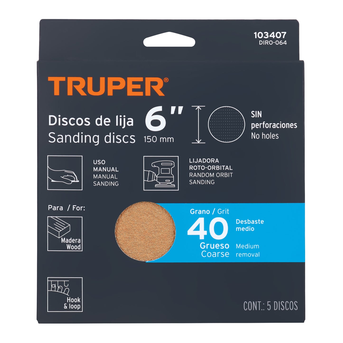 Caja 5 discos de lija p/madera 6' grano 40, velcro, s/perf.