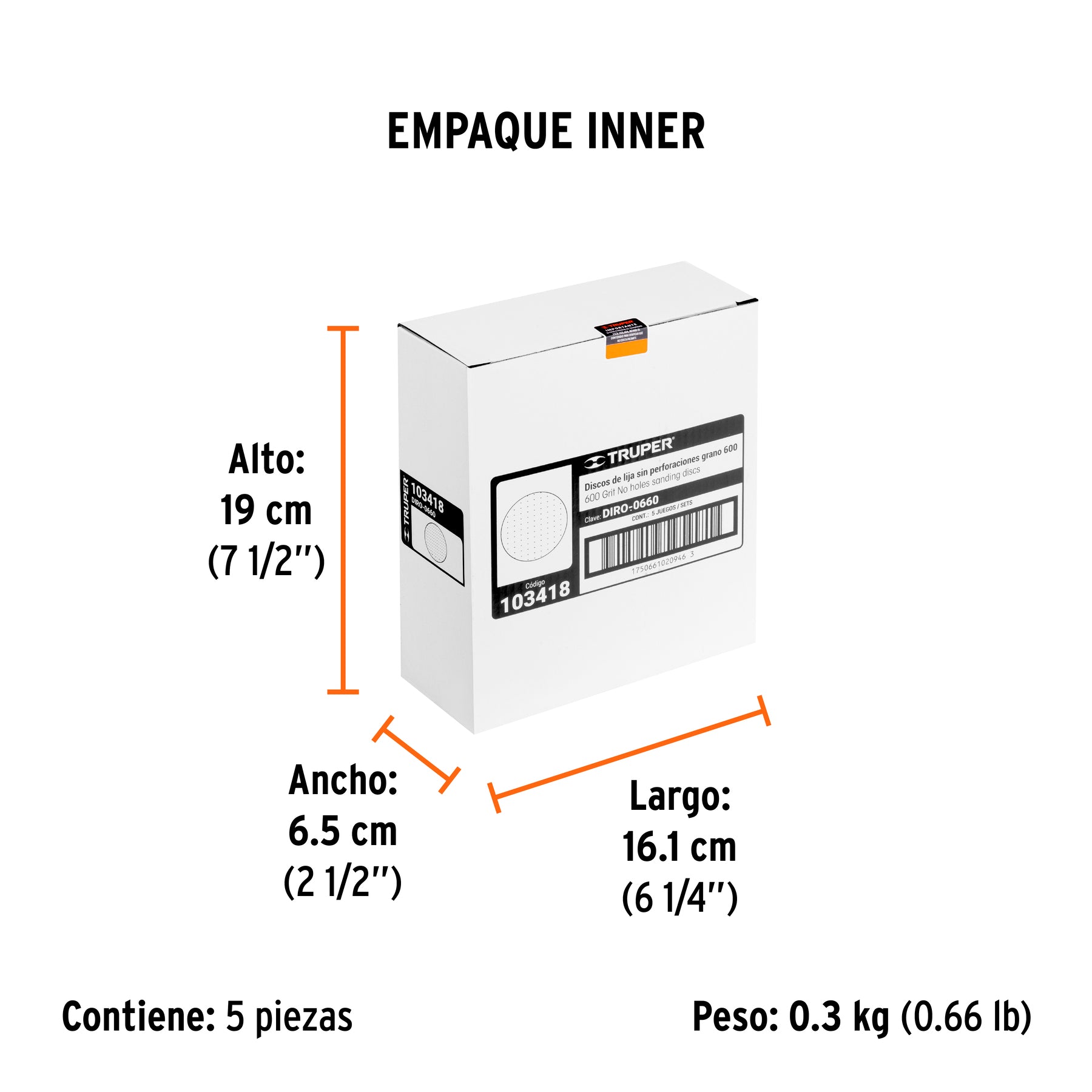 Caja 5 discos de lija p/madera 6' grano 600, velcro, s/perf.