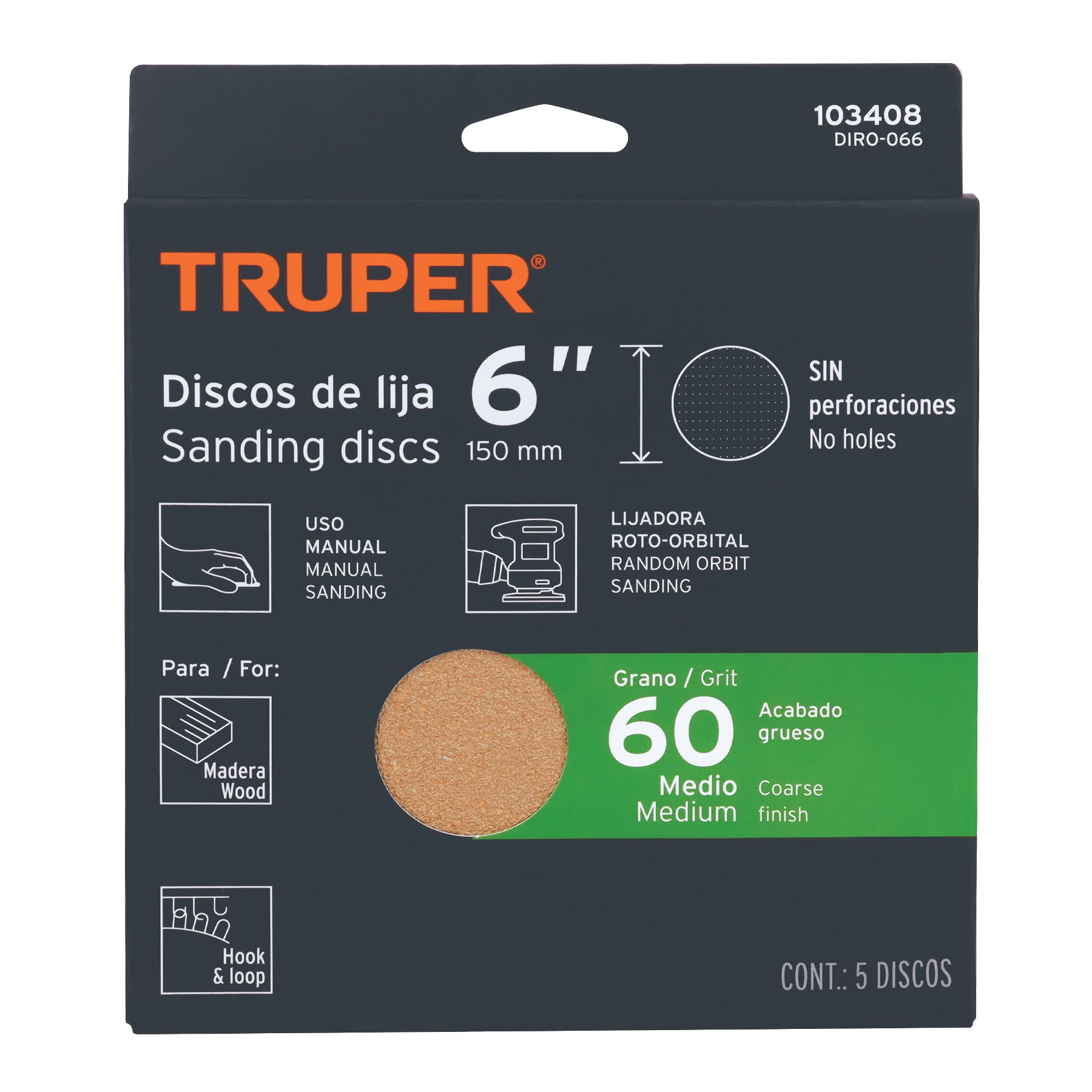 Caja 5 discos de lija p/madera 6' grano 60, velcro, s/perf.