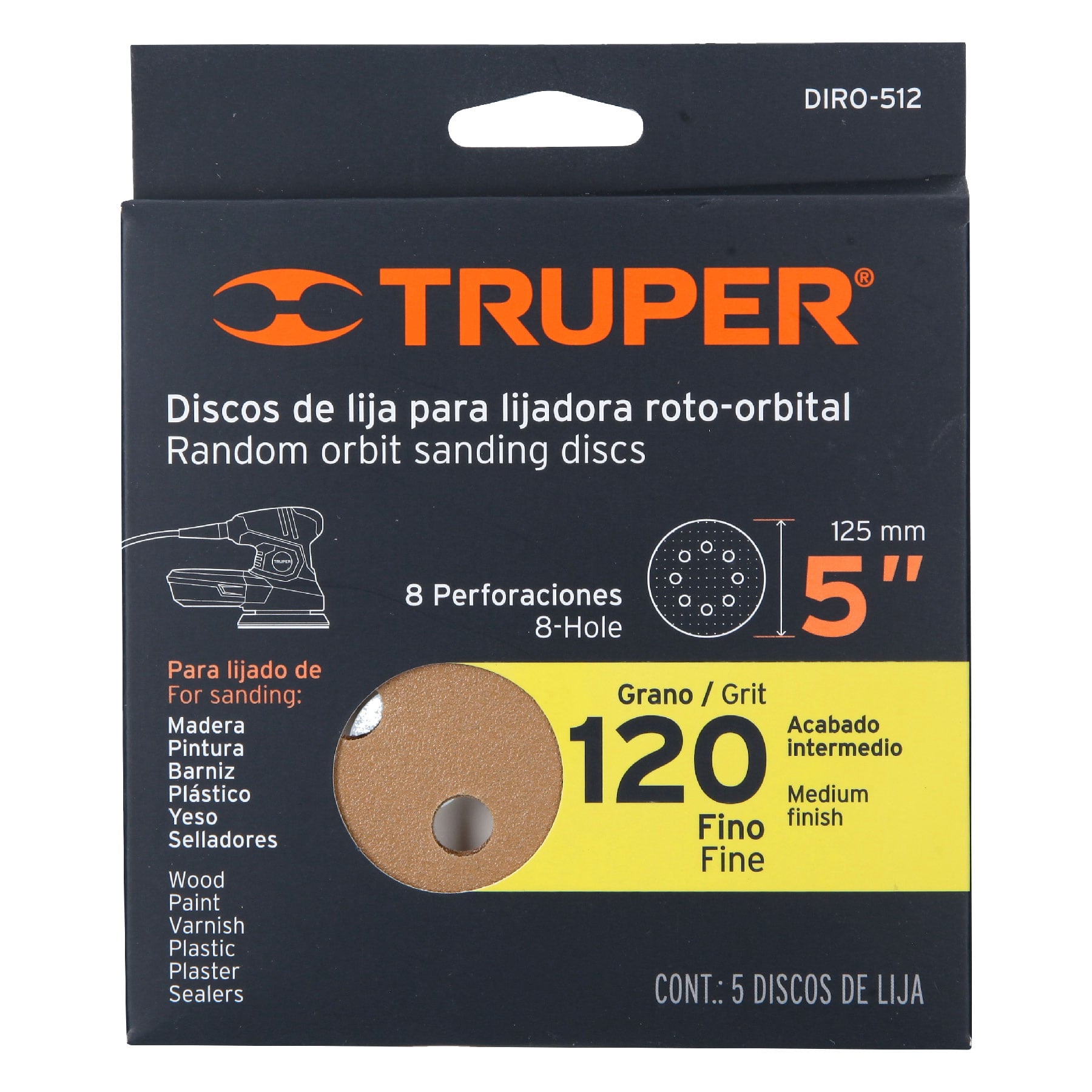 Discos de lija roto orbital 5",grano 120, 8 orificios, 5pzas