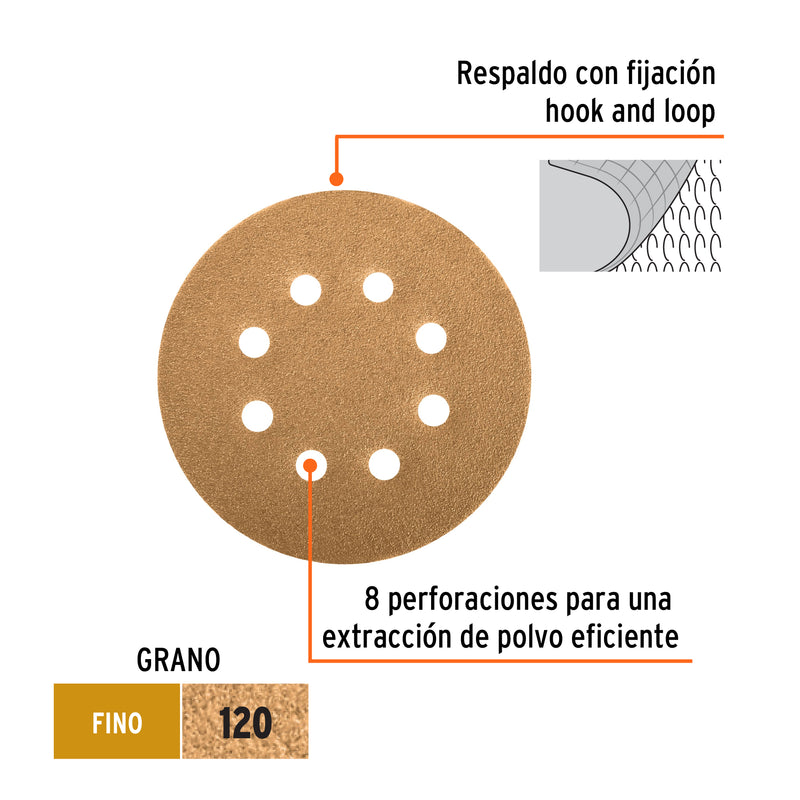 Paquete con 5 discos de lija 5" grano 120, 8 perforaciones