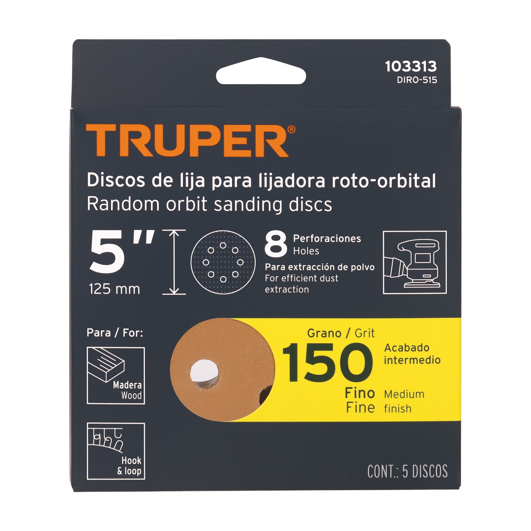 Caja con 5 discos de lija 5' grano 150 lijadora roto- orbita