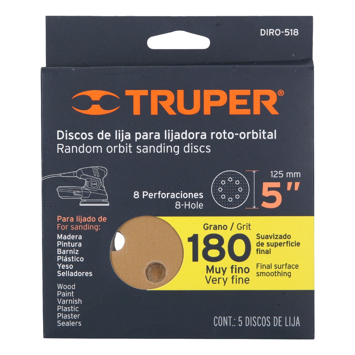 Discos de lija roto orbital 5",grano 180, 8 orificios, 5pzas