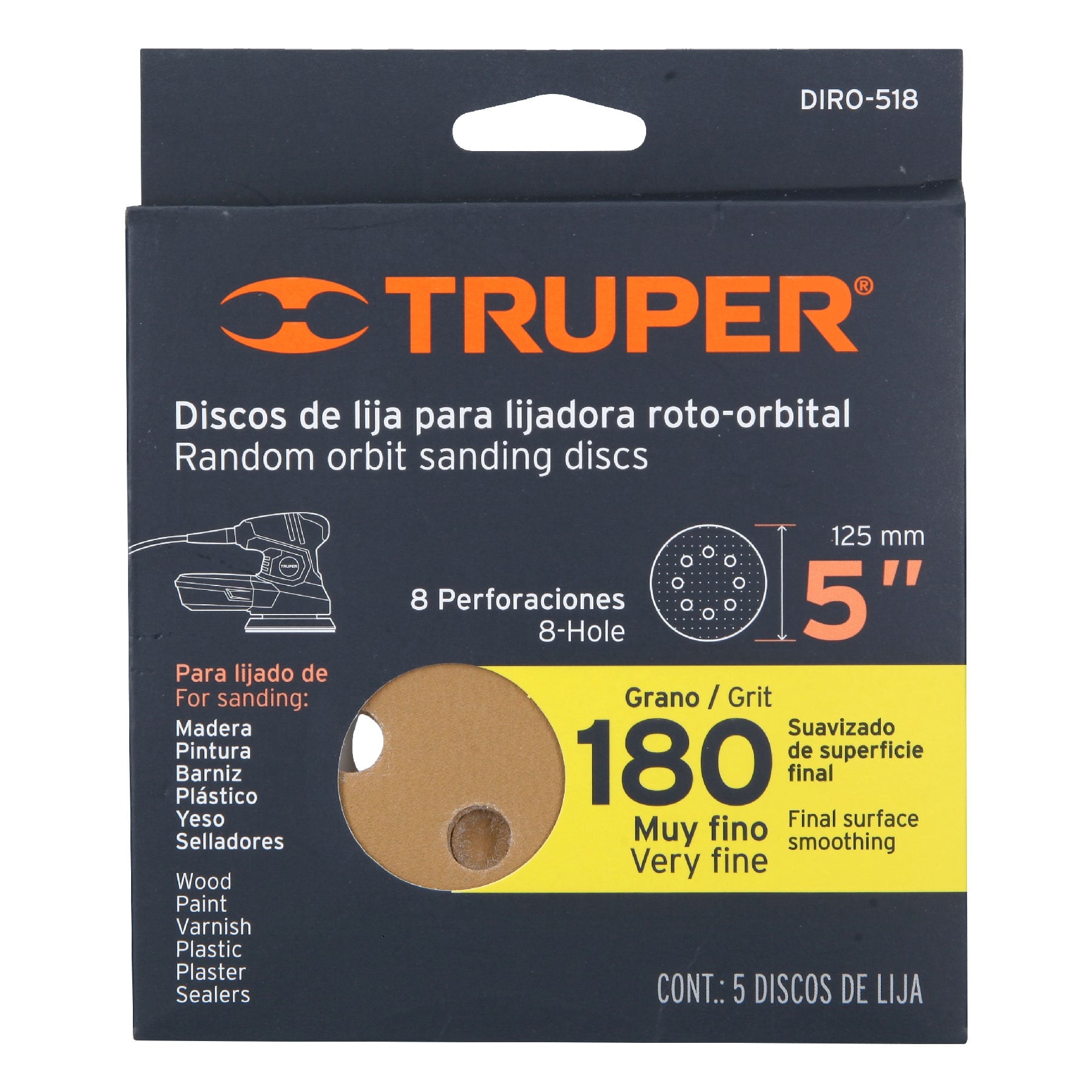 Discos de lija roto orbital 5",grano 180, 8 orificios, 5pzas