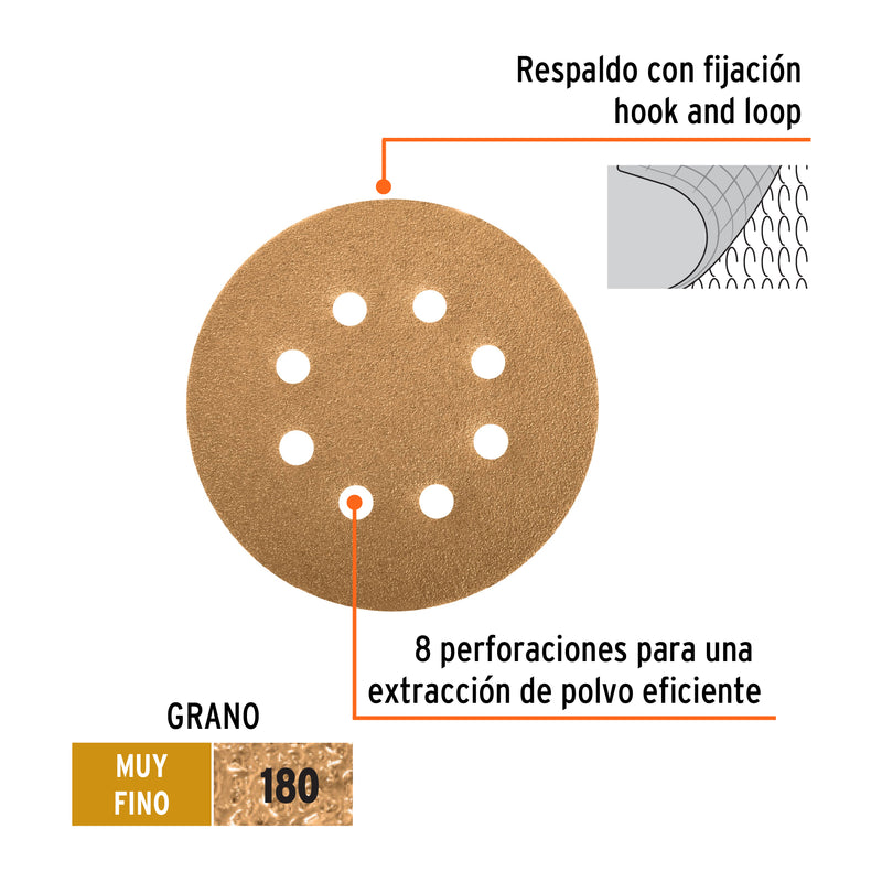Discos de lija roto orbital 5",grano 180, 8 orificios, 5pzas