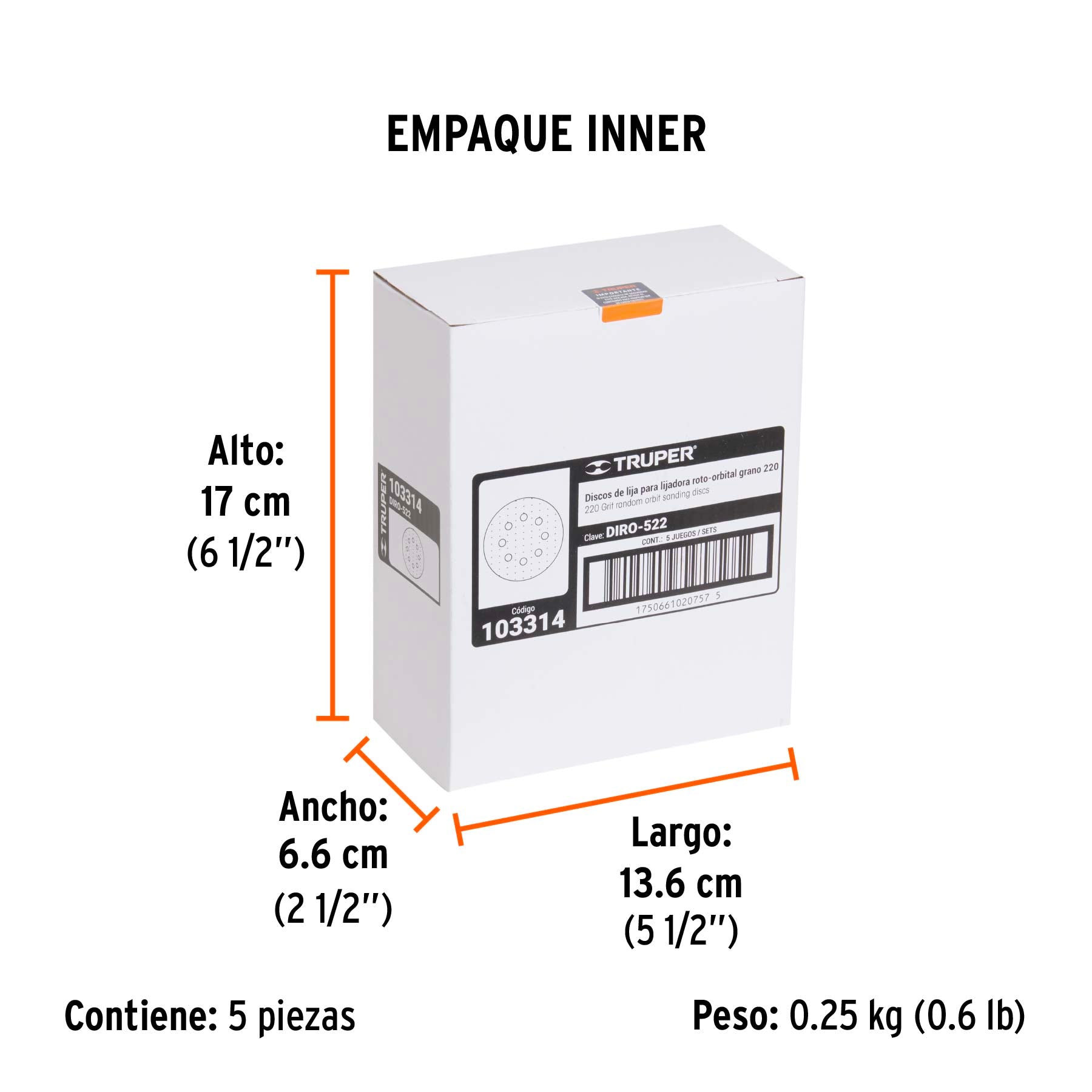 Caja con 5 discos de lija 5' grano 220 lijadora roto- orbita