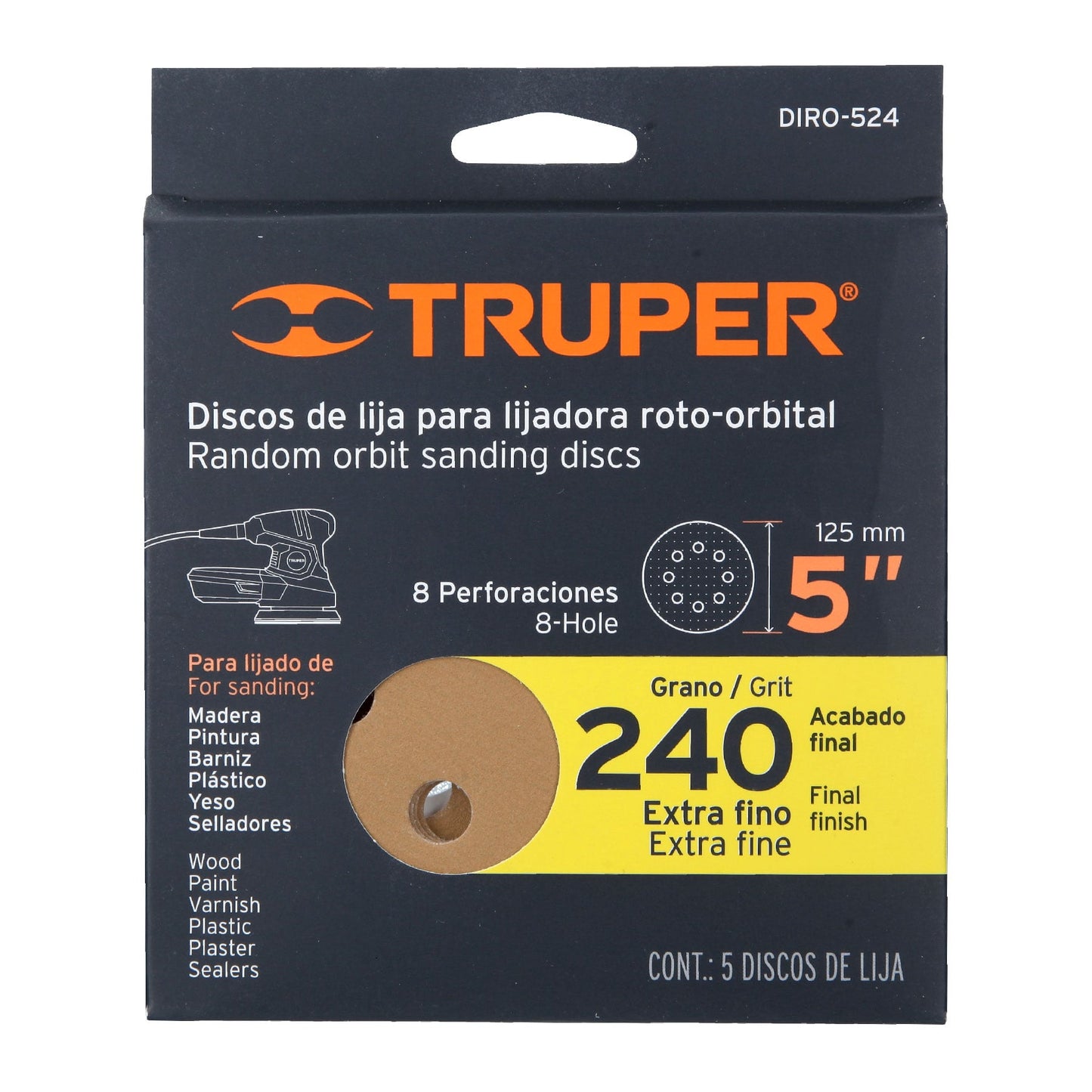 Discos de lija roto orbital 5",grano 240, 8 orificios, 5pzas