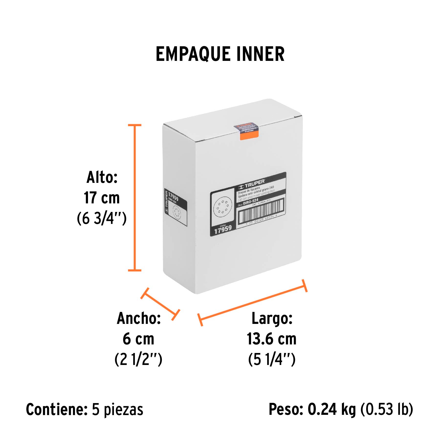 Discos de lija roto orbital 5",grano 240, 8 orificios, 5pzas