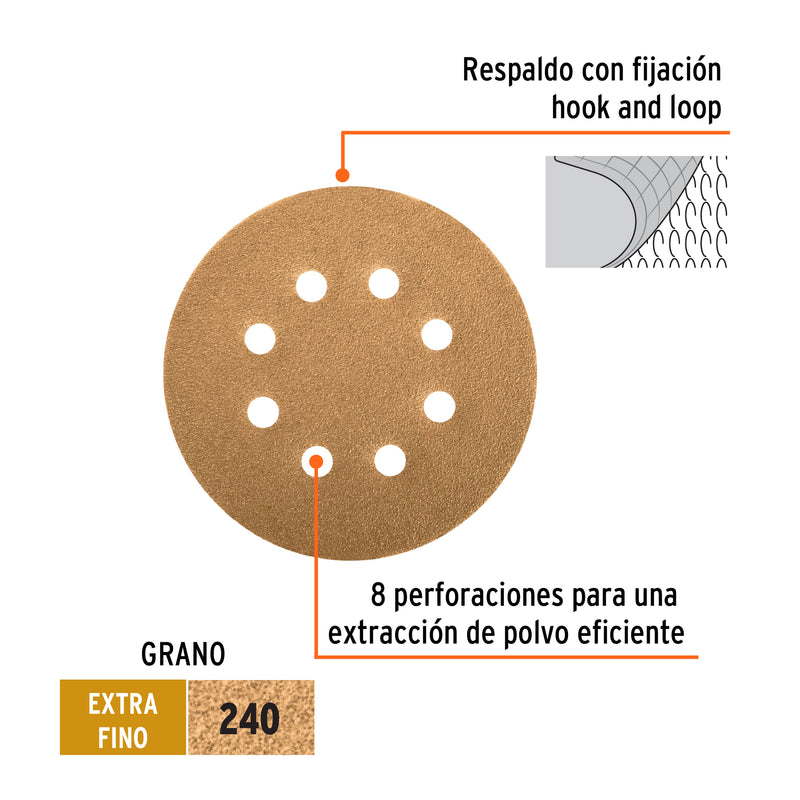 Discos de lija roto orbital 5",grano 240, 8 orificios, 5pzas