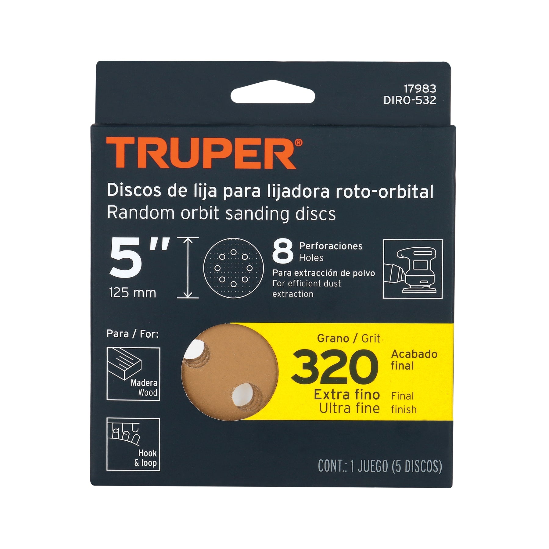 Discos de lija roto orbital 5",grano 320, 8 orificios, 5pzas