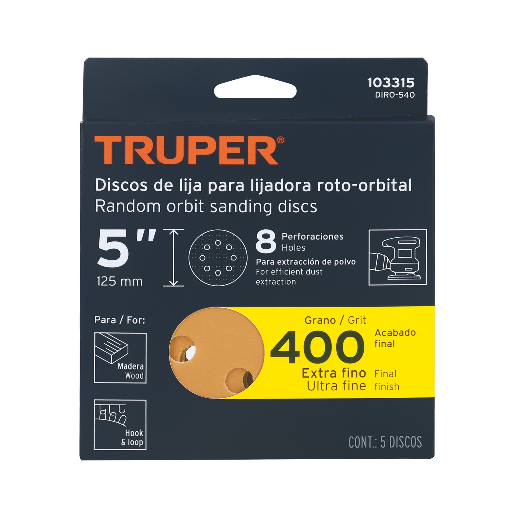 Caja con 5 discos de lija 5' grano 400 lijadora roto- orbita