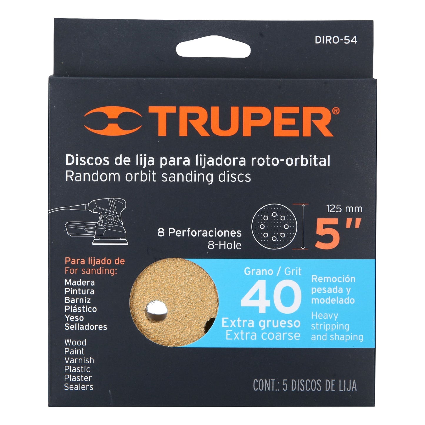 Discos de lija roto orbital 5", grano 40, 8 orificios, 5pzas