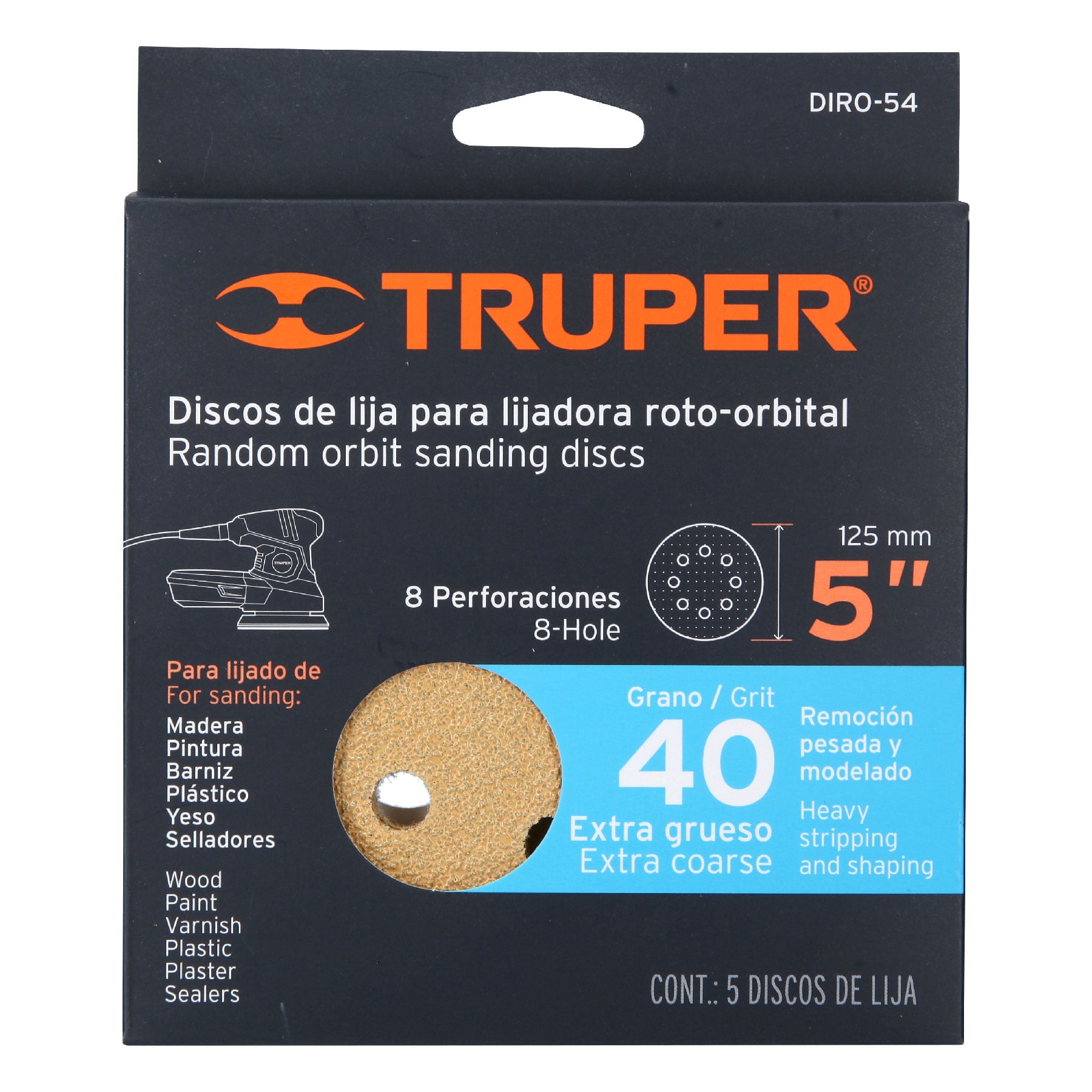 Discos de lija roto orbital 5", grano 40, 8 orificios, 5pzas