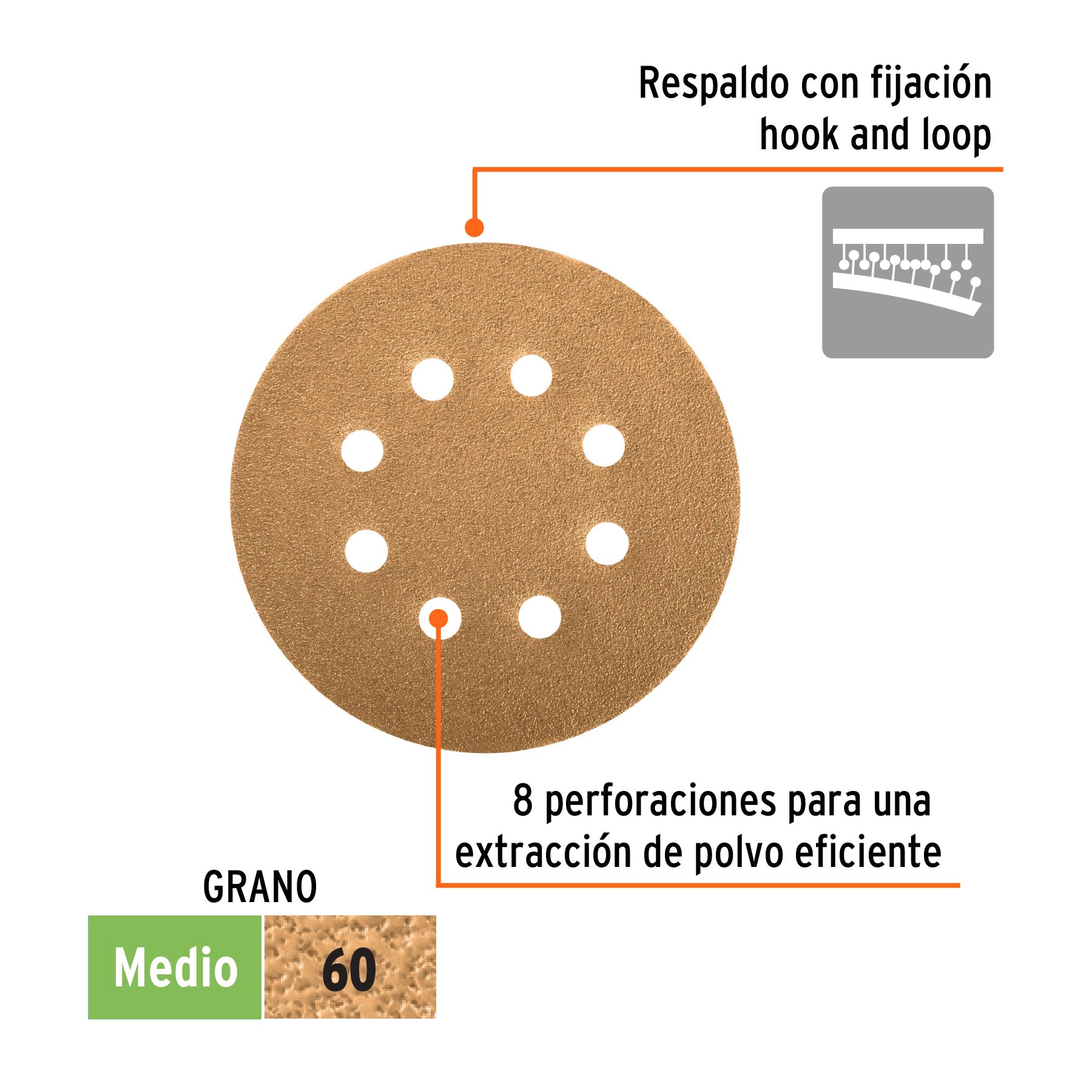 Discos de lija roto orbital 5", grano 60, 8 orificios, 5pzas