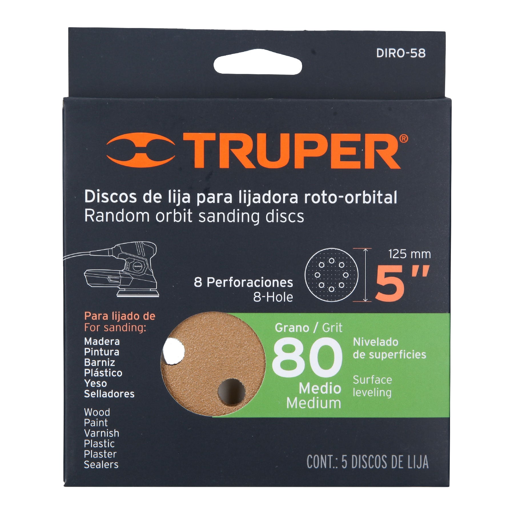 Discos de lija roto orbital 5", grano 80, 8 orificios, 5pzas