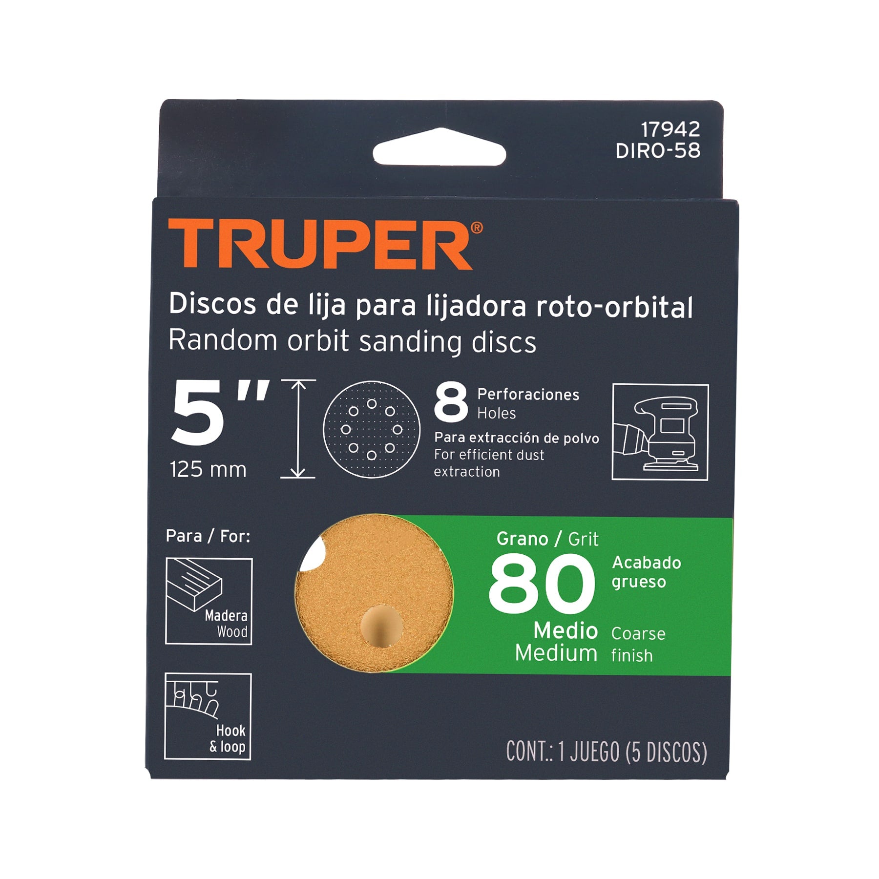 Discos de lija roto orbital 5", grano 80, 8 orificios, 5pzas
