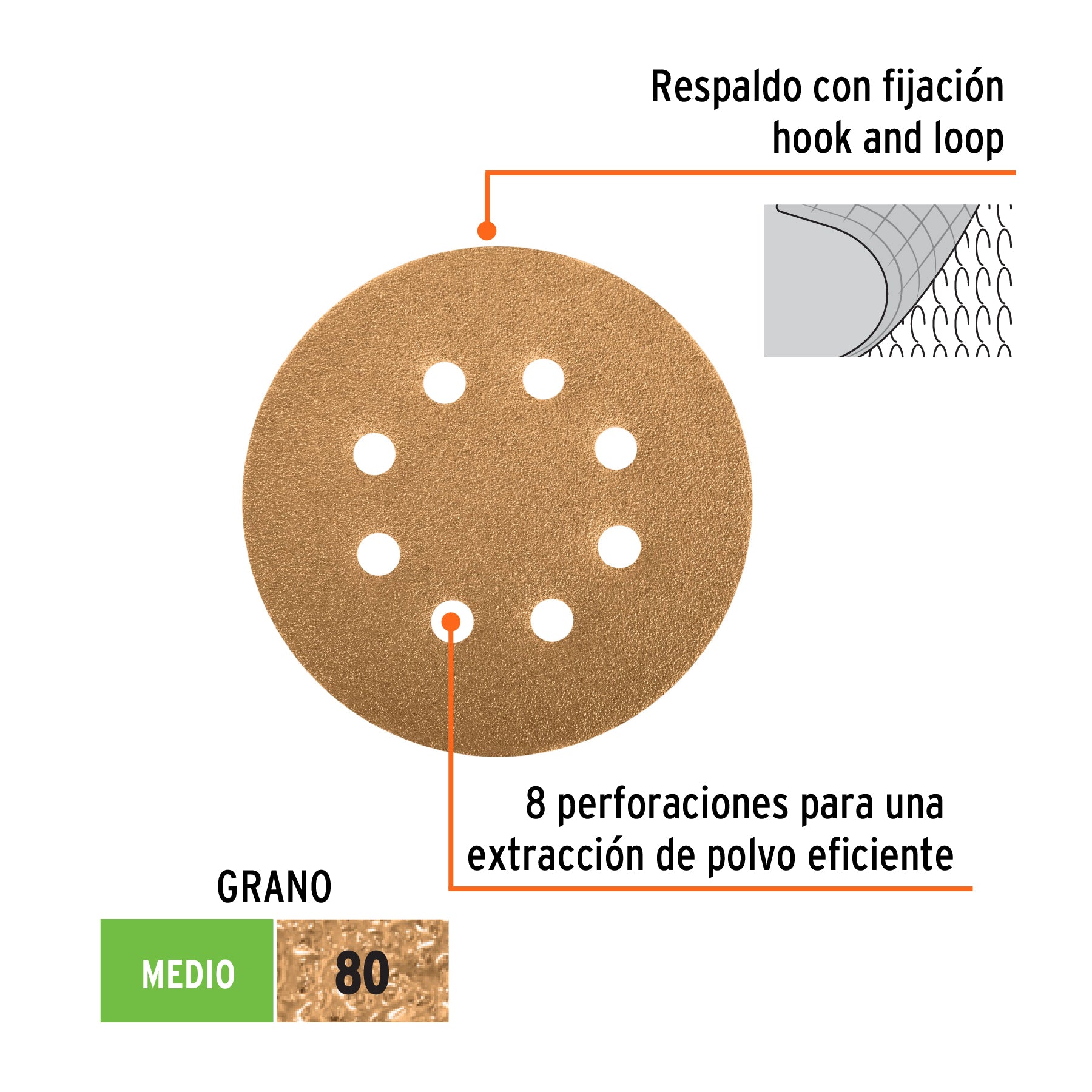 Discos de lija roto orbital 5", grano 80, 8 orificios, 5pzas