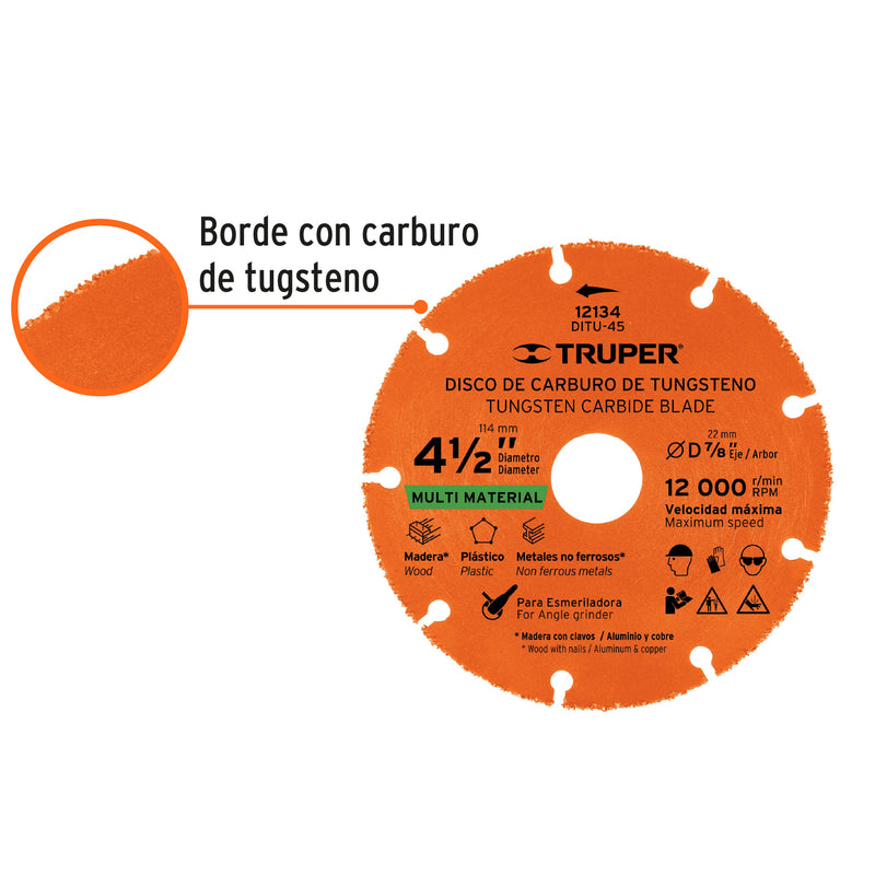 Disco de carburo de Tungsteno 4-1/2", multiusos