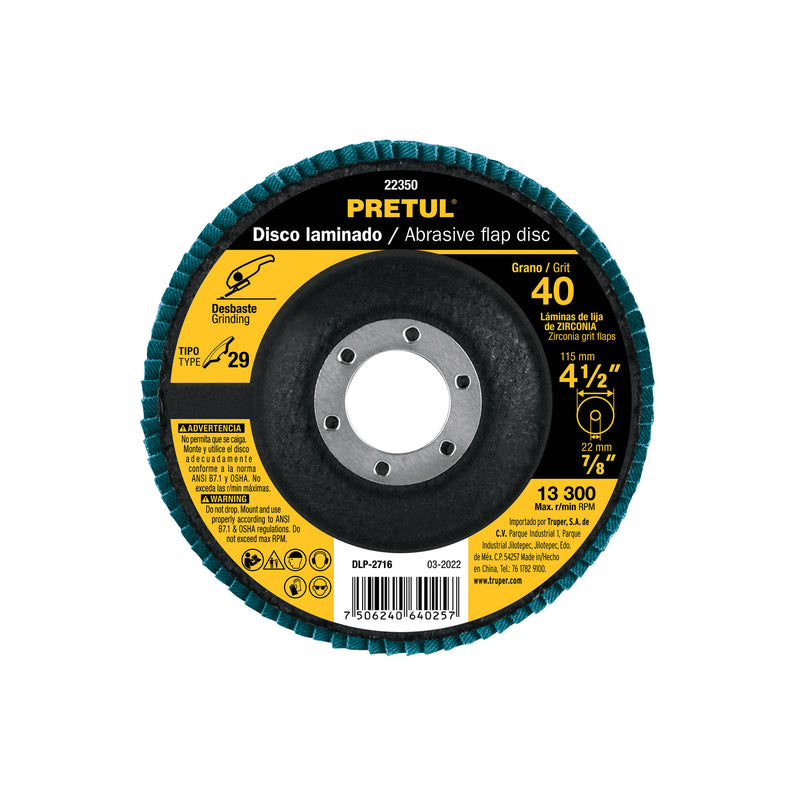 Disco laminado, 4-1/2", grano 40, centro 7/8", Pretul