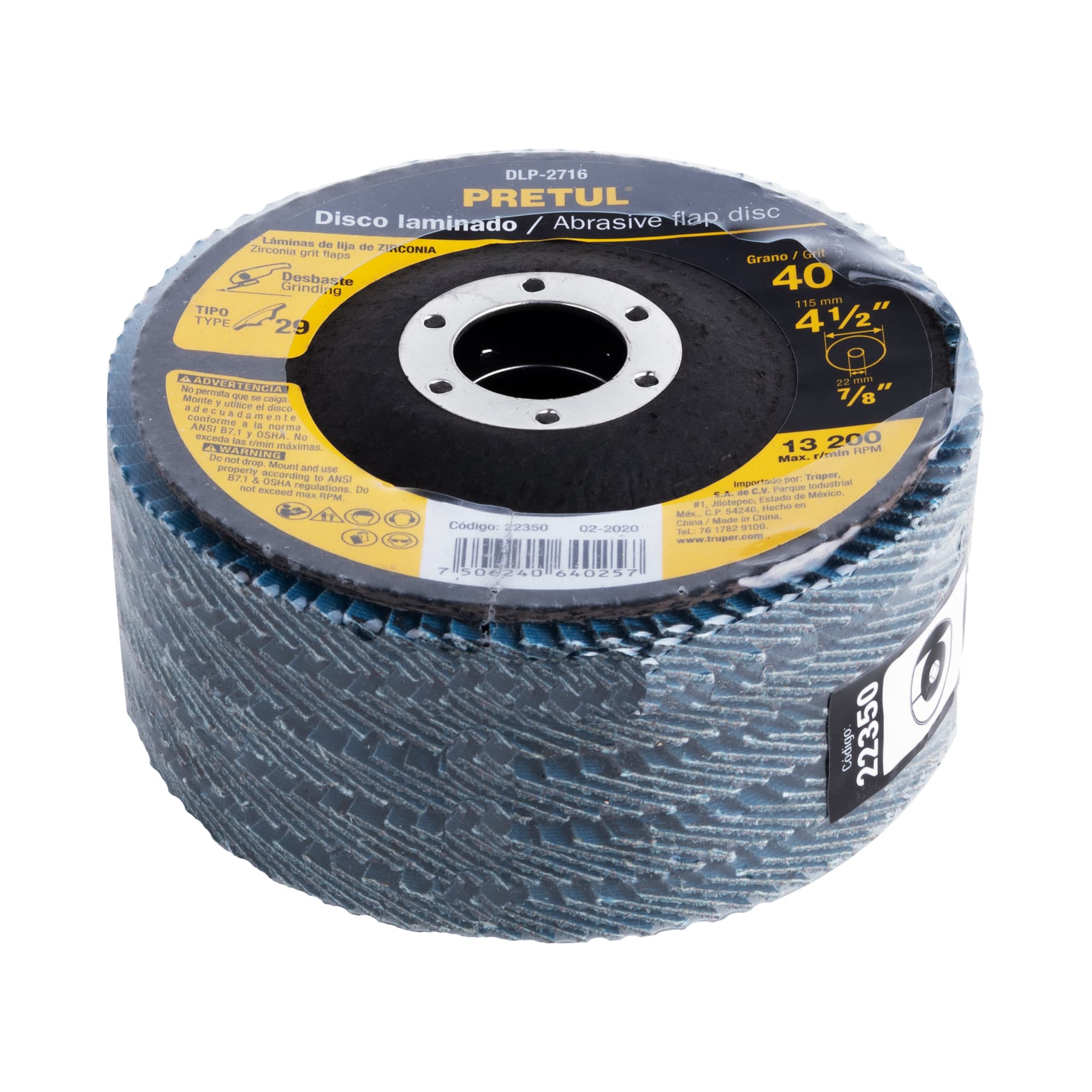 Disco laminado, 4-1/2", grano 40, centro 7/8", Pretul