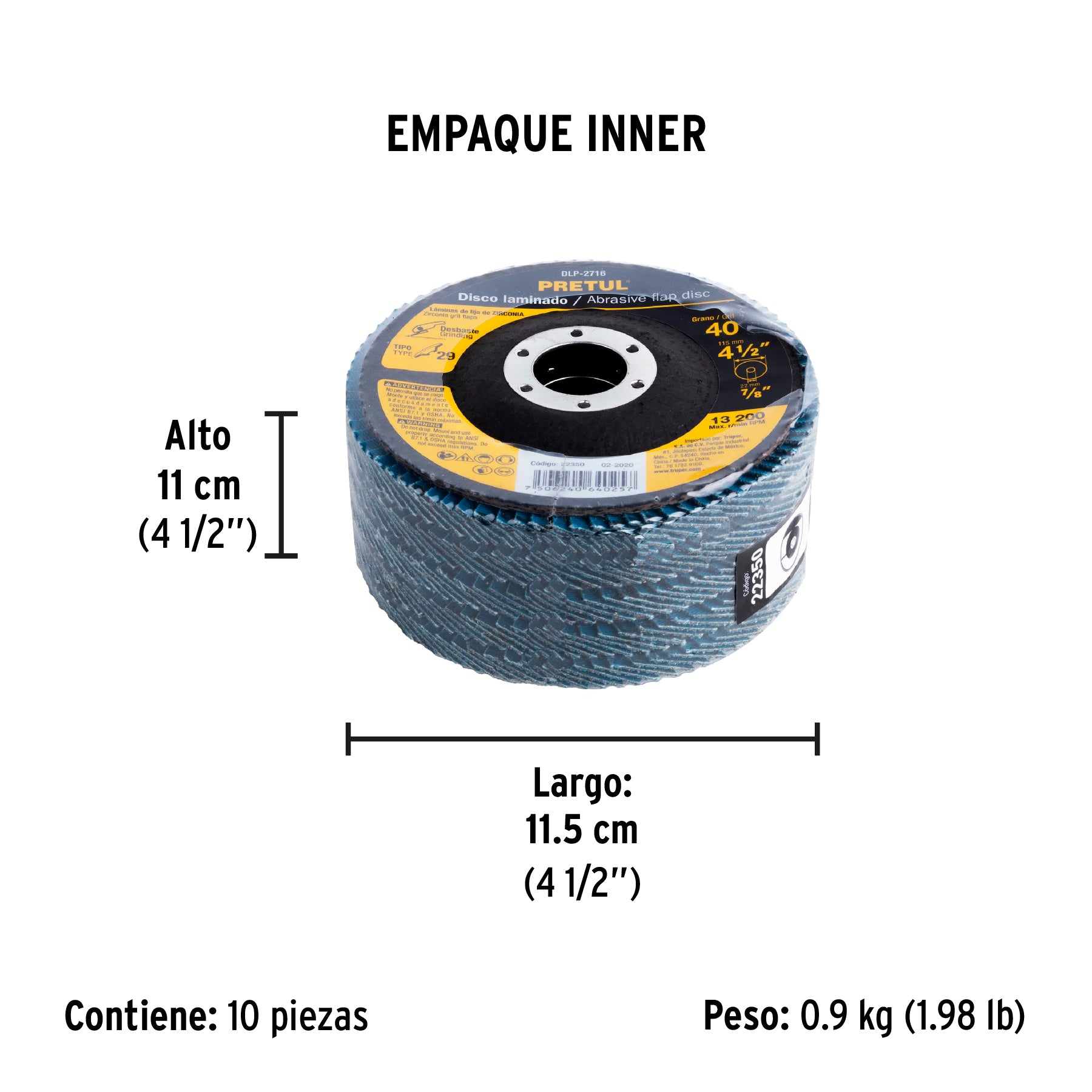 Disco laminado, 4-1/2", grano 40, centro 7/8", Pretul