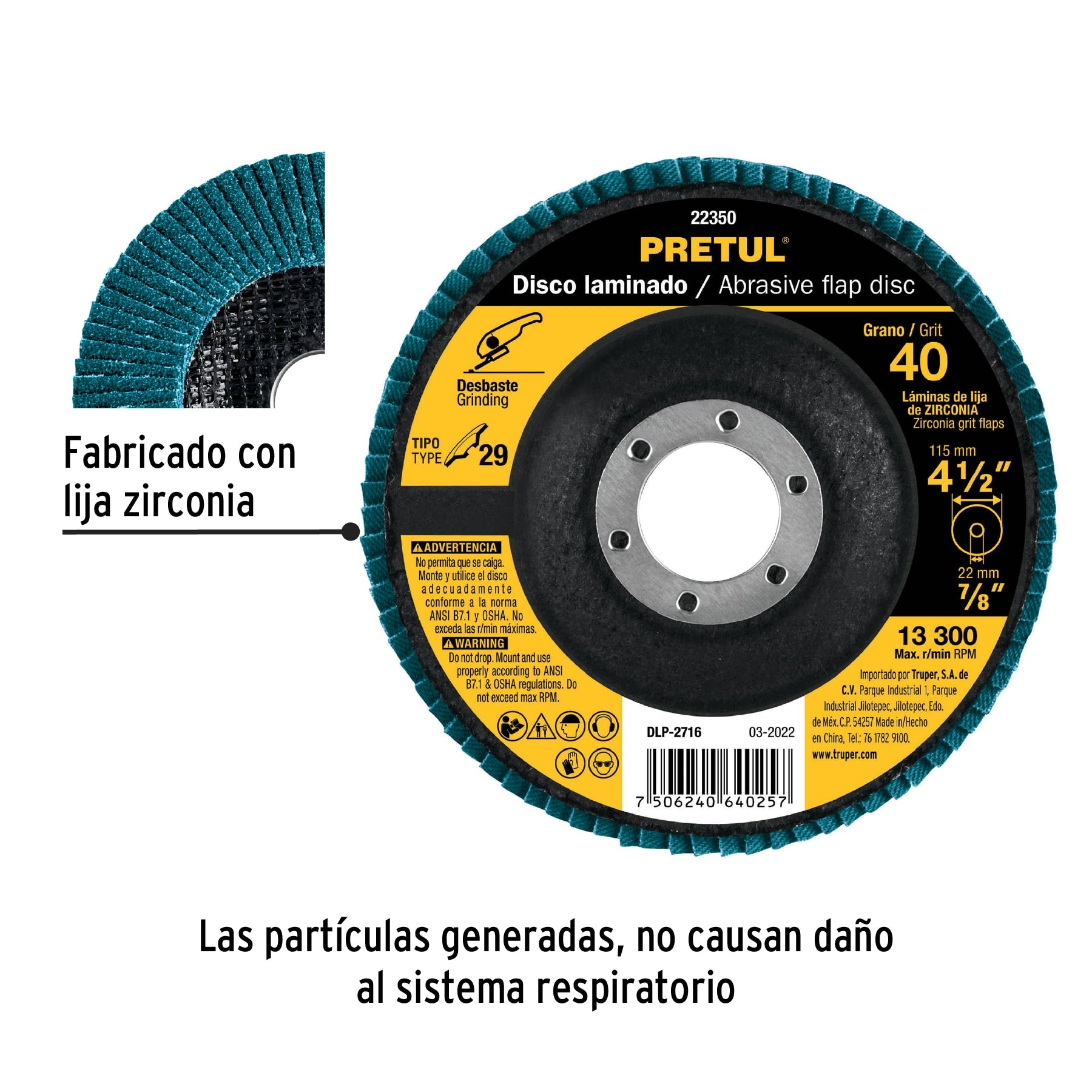 Disco laminado, 4-1/2", grano 40, centro 7/8", Pretul