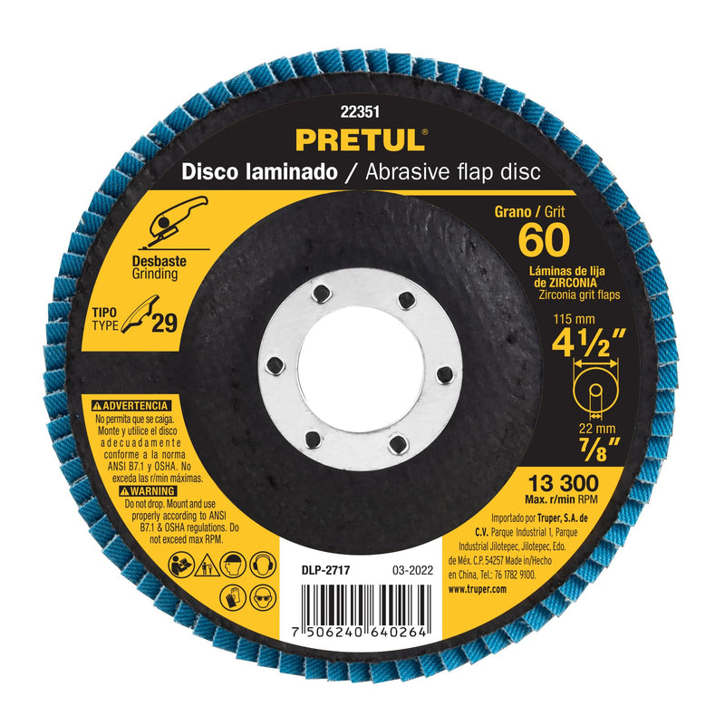 Disco laminado, 4-1/2", grano 60, centro 7/8", Pretul
