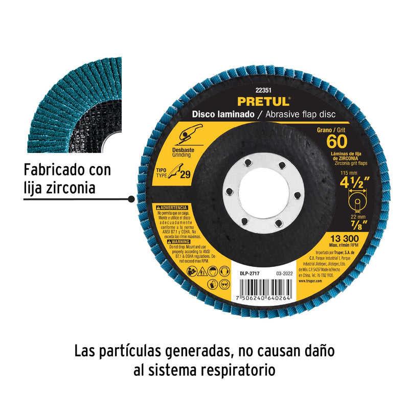 Disco laminado, 4-1/2", grano 60, centro 7/8", Pretul