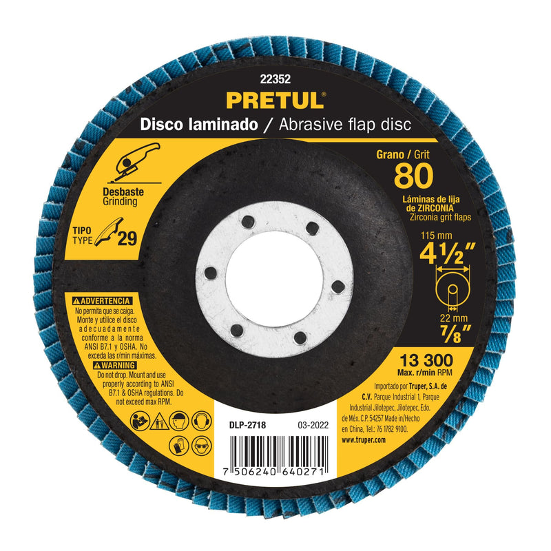 Disco laminado, 4-1/2", grano 80, centro 7/8", Pretul