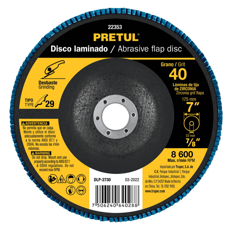Disco laminado, 7", grano 40, centro 7/8", Pretul