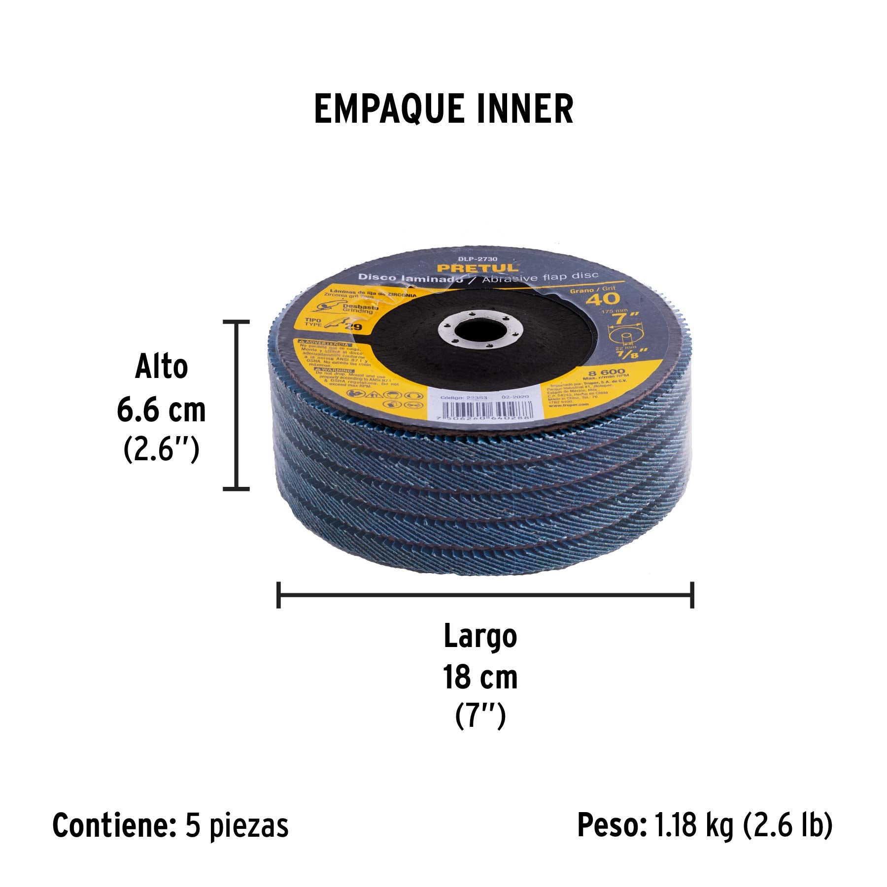 Disco laminado, 7", grano 40, centro 7/8", Pretul