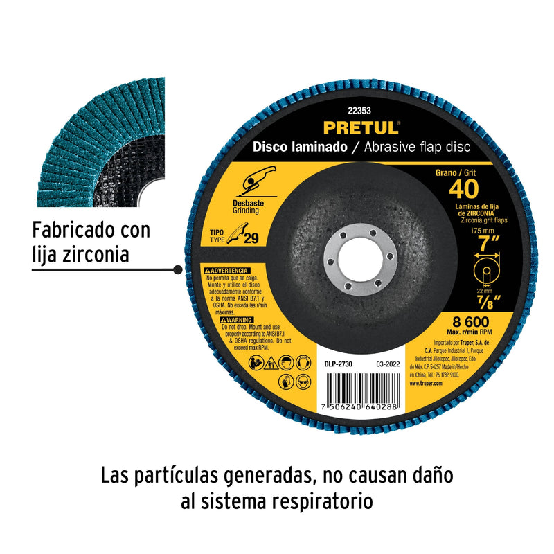 Disco laminado, 7", grano 40, centro 7/8", Pretul