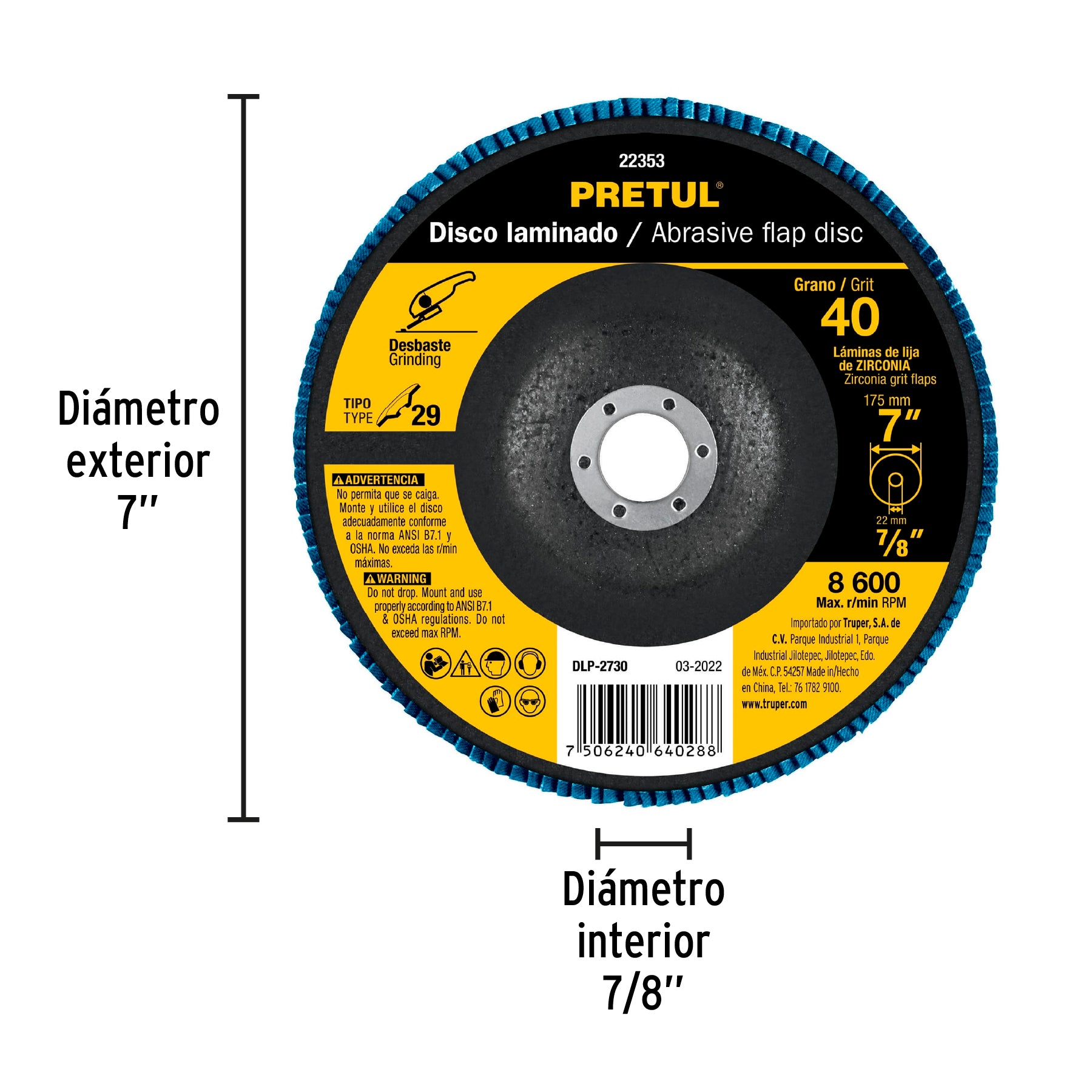 Disco laminado, 7", grano 40, centro 7/8", Pretul