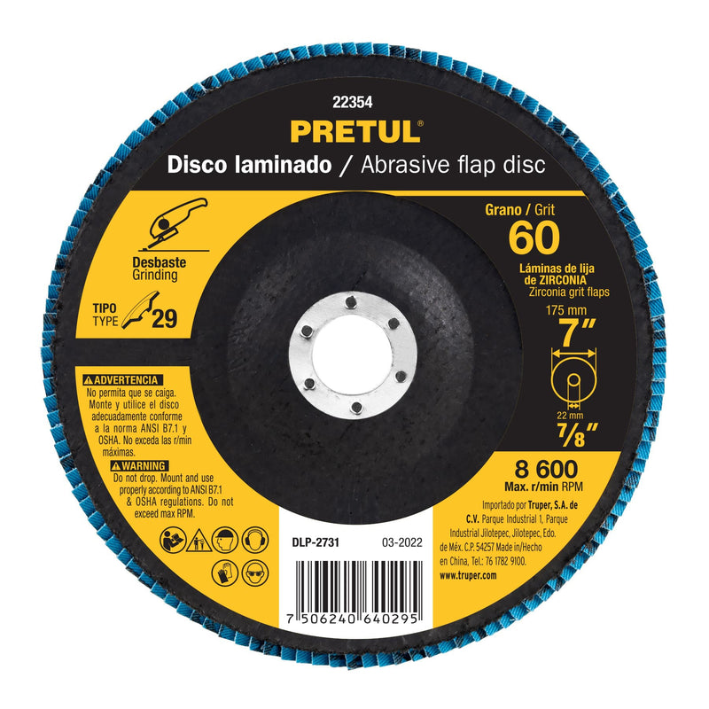 Disco laminado, 7", grano 60, centro 7/8", Pretul