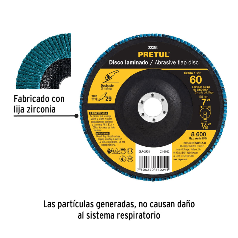 Disco laminado, 7", grano 60, centro 7/8", Pretul
