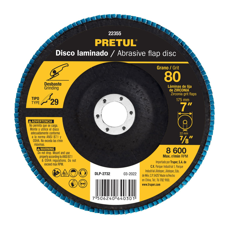 Disco laminado, 7", grano 80, centro 7/8", Pretul