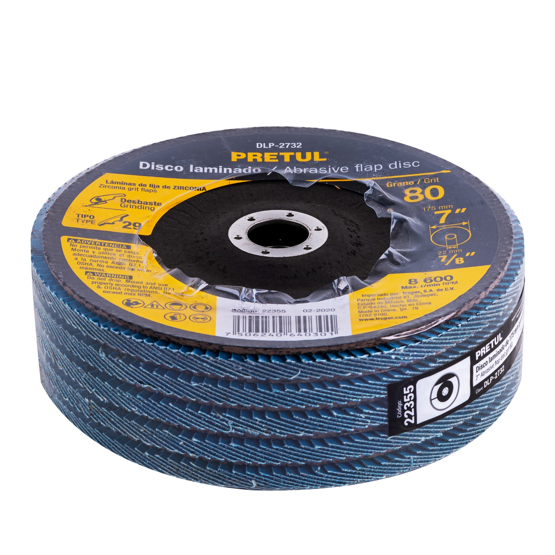 Disco laminado, 7", grano 80, centro 7/8", Pretul