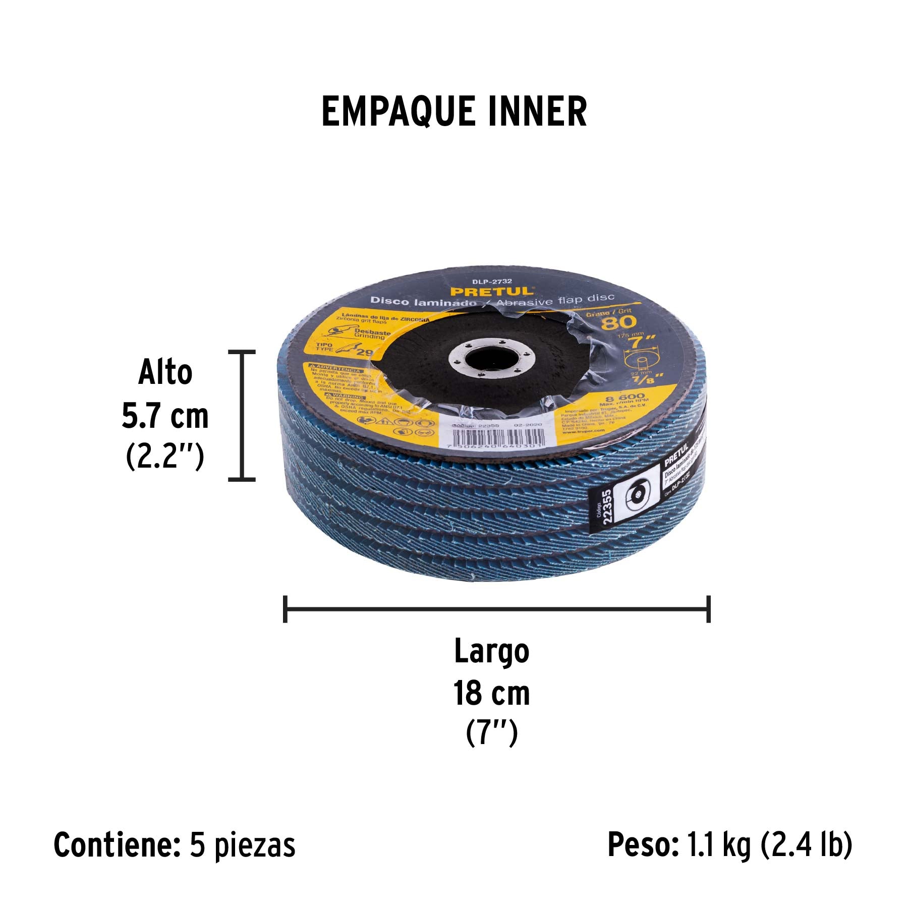 Disco laminado, 7", grano 80, centro 7/8", Pretul