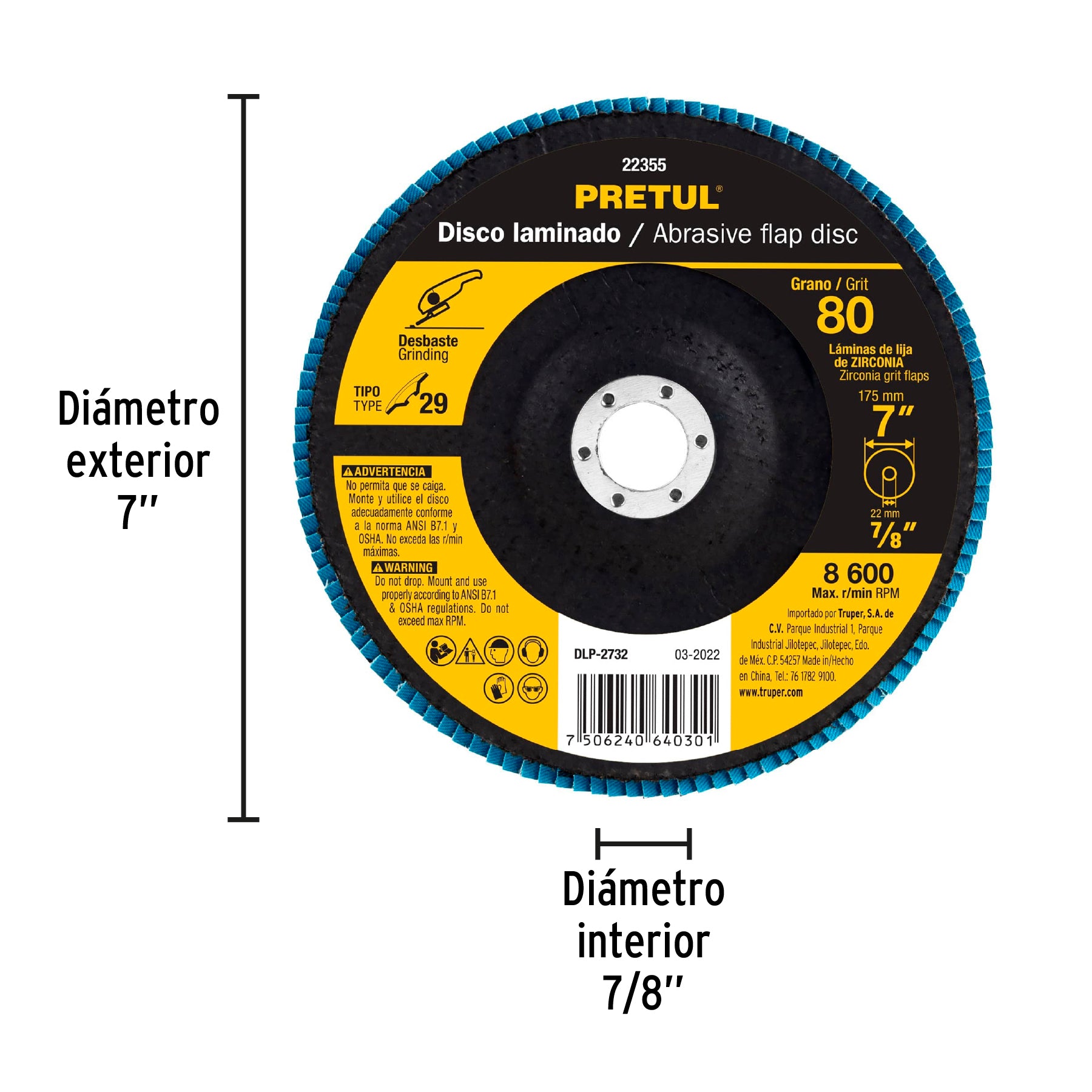 Disco laminado, 7", grano 80, centro 7/8", Pretul