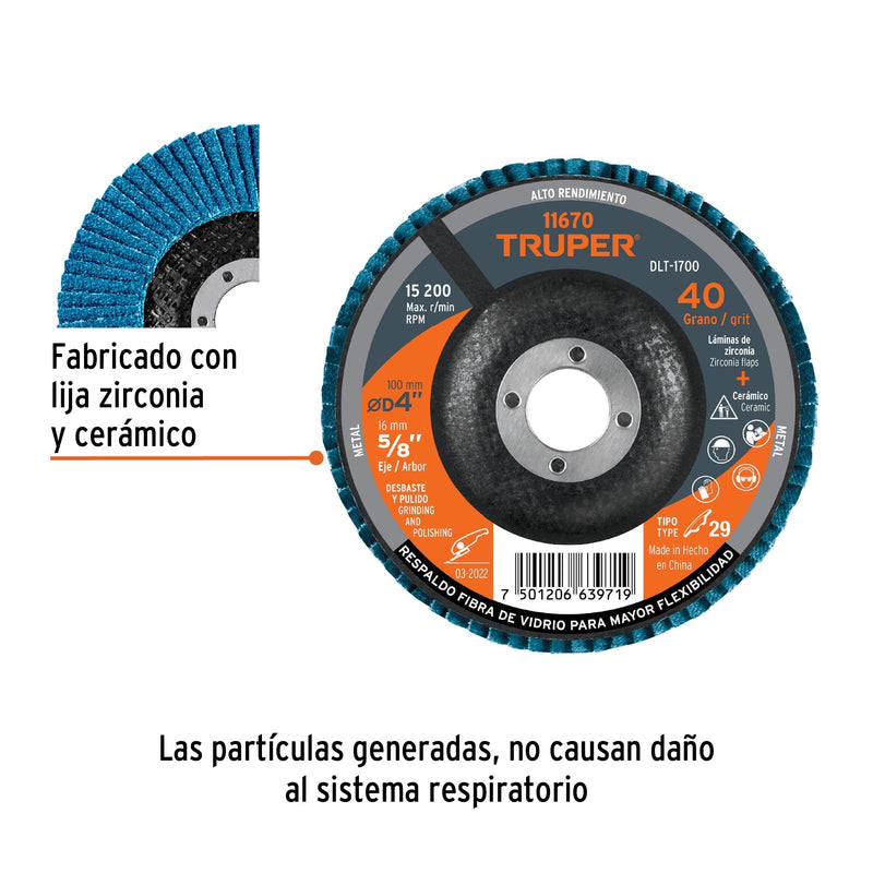 Disco laminado, tipo 29, diámetro 4", grano 40, centro 5/8"