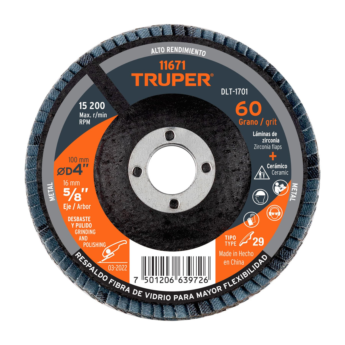 Disco laminado, tipo 29, diámetro 4", grano 60, centro 5/8"