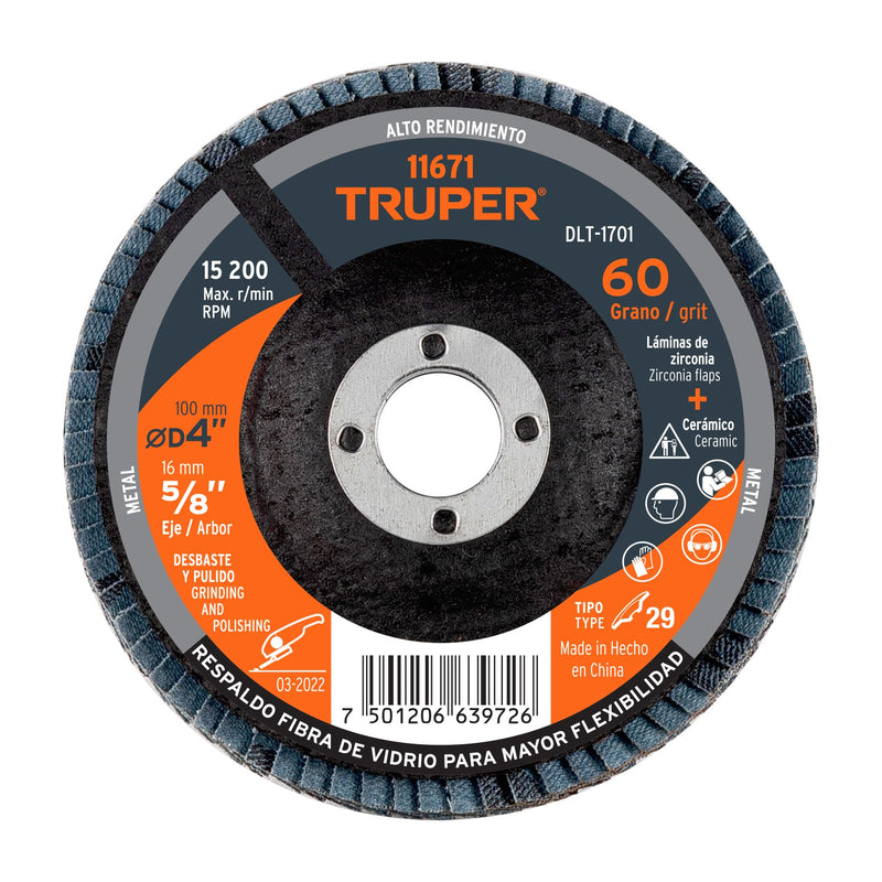 Disco laminado, tipo 29, diámetro 4", grano 60, centro 5/8"