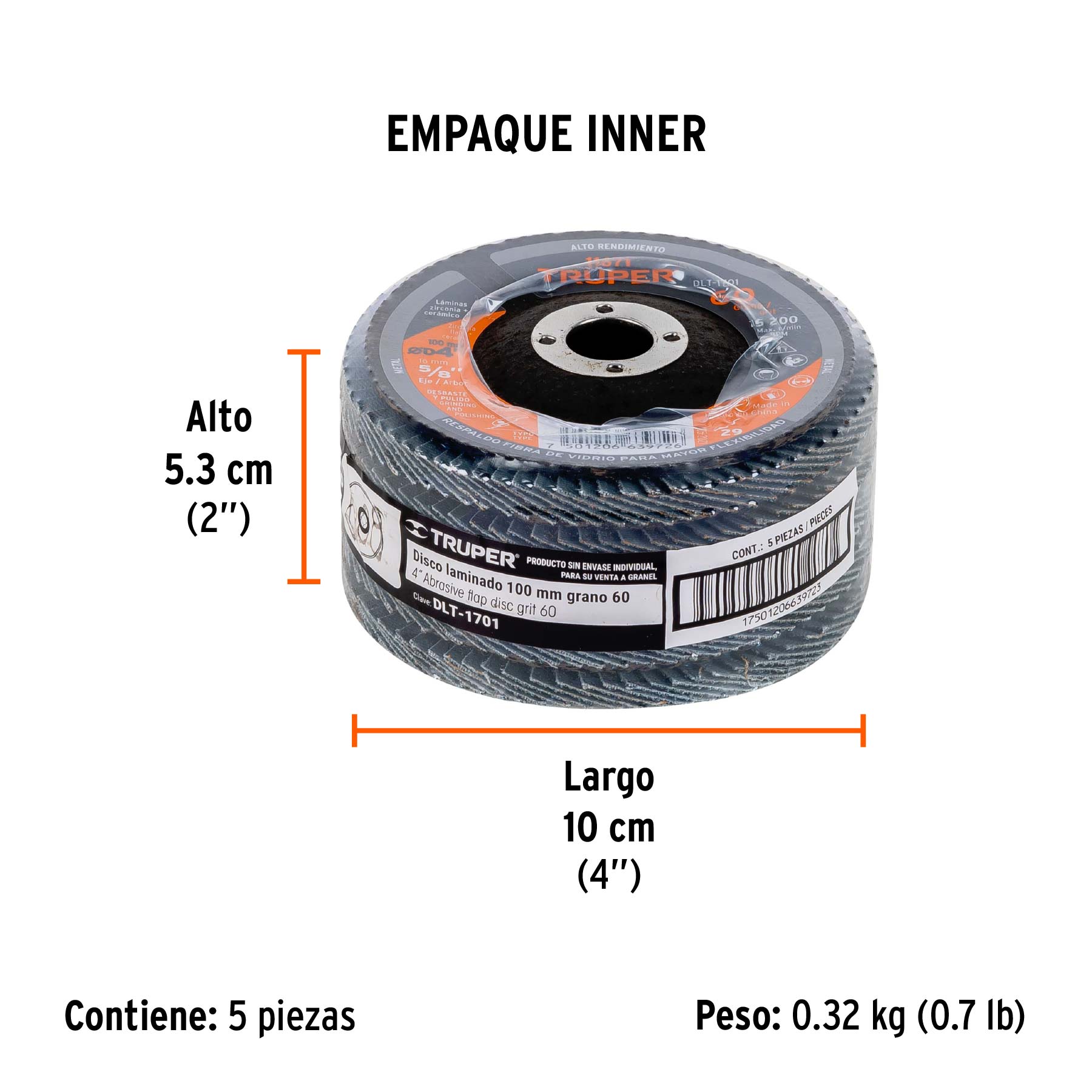 Disco laminado, tipo 29, diámetro 4", grano 60, centro 5/8"