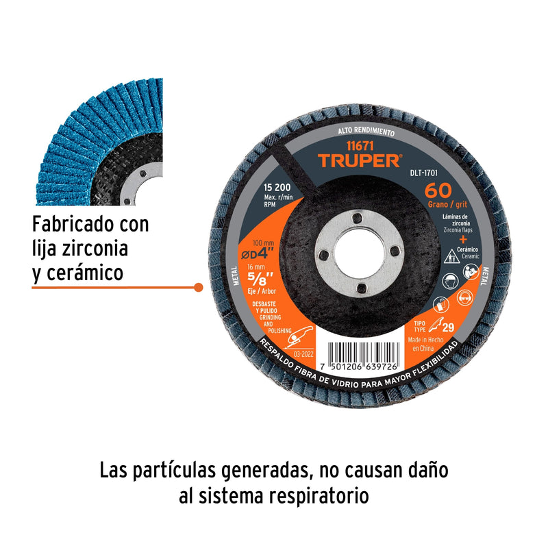 Disco laminado, tipo 29, diámetro 4", grano 60, centro 5/8"