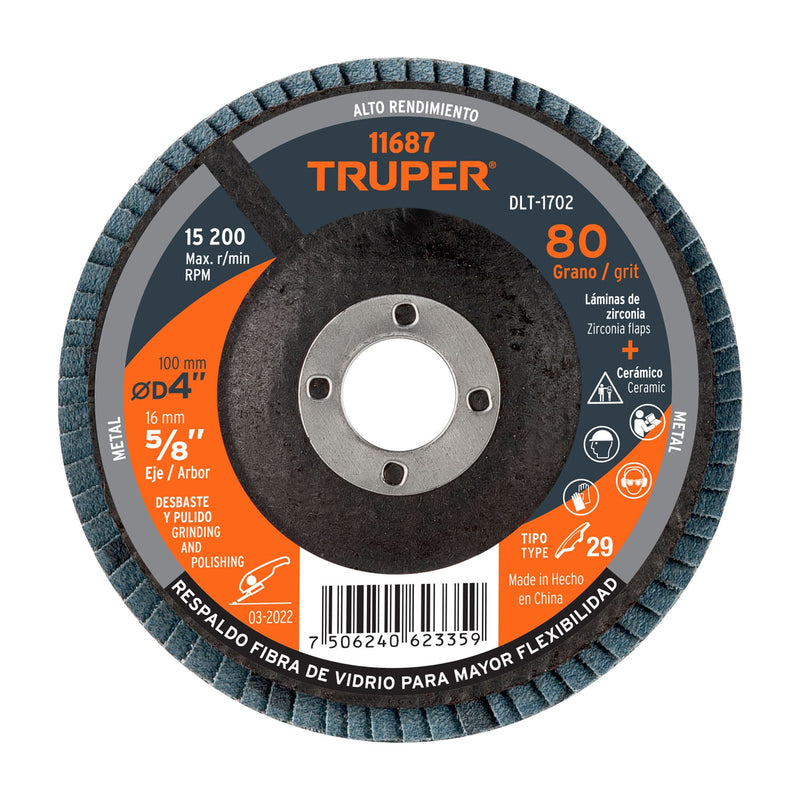 Disco laminado, 4", grano 80, centro 5/8"